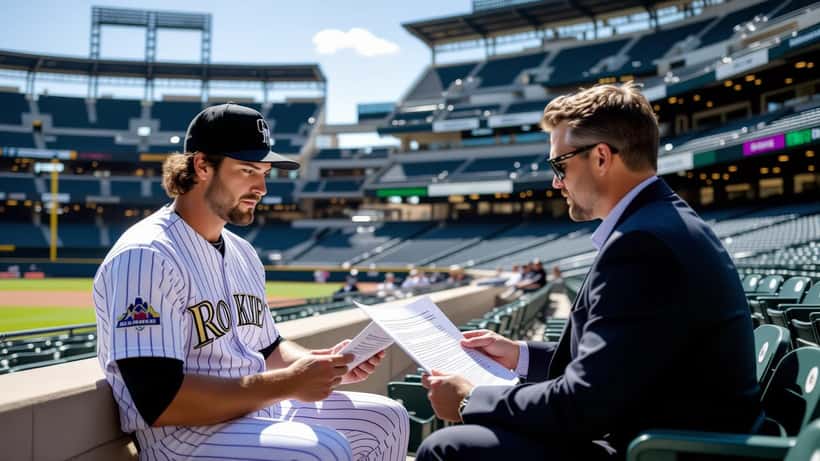 MLB pitcher reviewing contract paperwork in a dugout with a team representative, representing player rights under the DFA designation process
