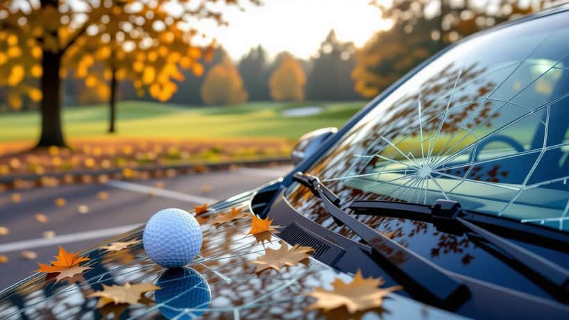 Golfbold ved siden af en knust forrude på en parkeret bil ved en dansk golfbane, efterår 2026