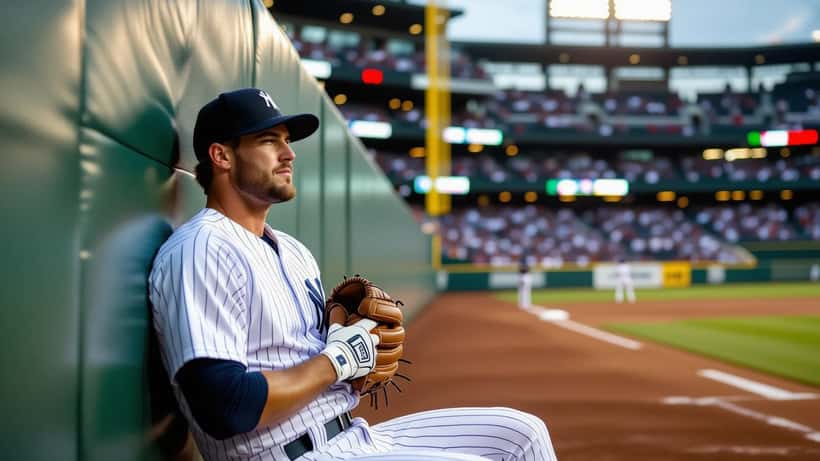 Baseball outfielder clutching shoulder after collision with outfield wall, documentary press photo