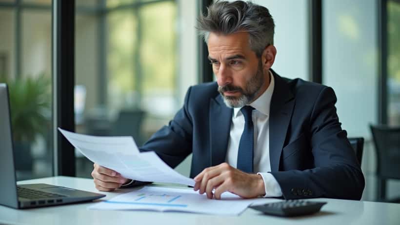 Consulente finanziario a Milano esamina documenti e contratti su scrivania moderna