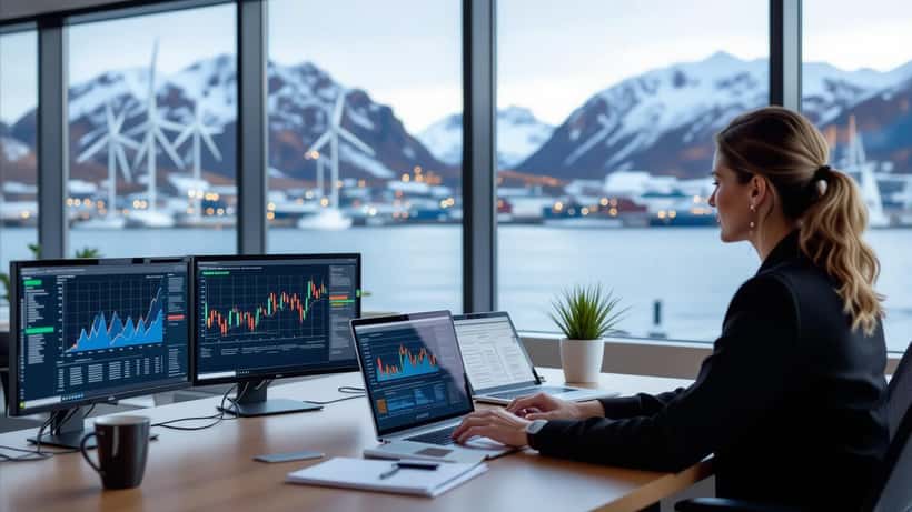 Norsk investor gjennomgår energiaksjer og porteføljedata i moderne Stavanger-kontor under ONS 2026