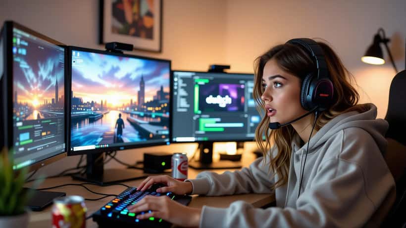 Gamer kijkt geschokt naar DMCA-melding op streamingscherm, symbool voor auteursrechthandhaving op Twitch in 2026