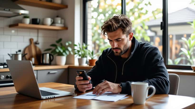 Australian man checking a sports betting app showing a pending withdrawal dispute at home