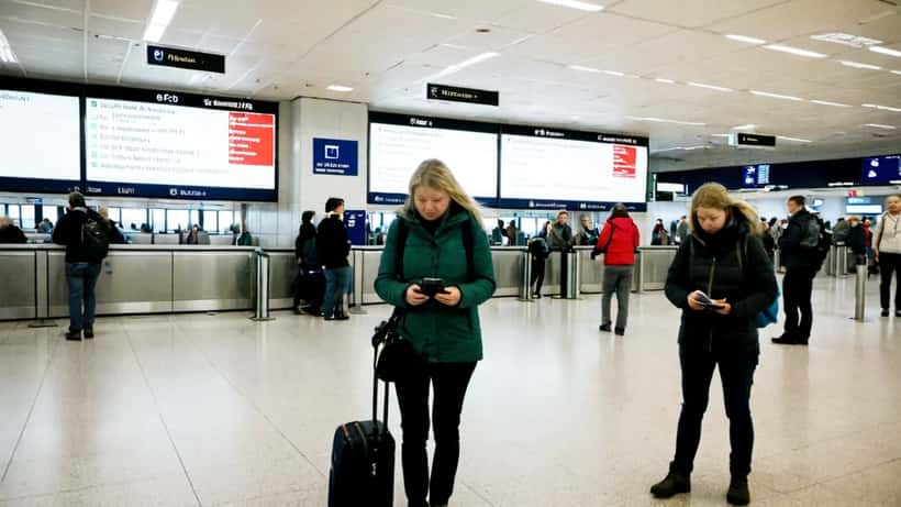 Norsk passasjer på Oslo Gardermoen sjekker telefon foran avgangstavle med kansellerte fly