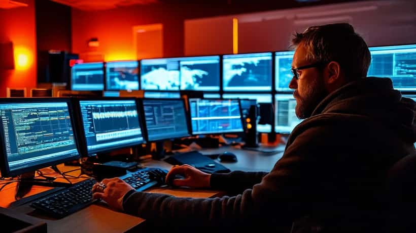 IT-sérfræðingur skoðar netöryggismælaborð á tölvuskjám eftir NIS2-tilskipun ESB