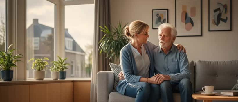 Nederlandse vrouw die een oudere man met dementie thuis ondersteunt, warme sfeer