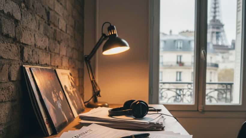 Contrats musicaux et documents de cession de droits sur un bureau parisien