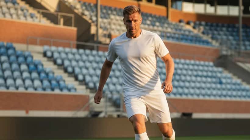 Fodboldspiller i FC København trøje på Parken stadion under kamp