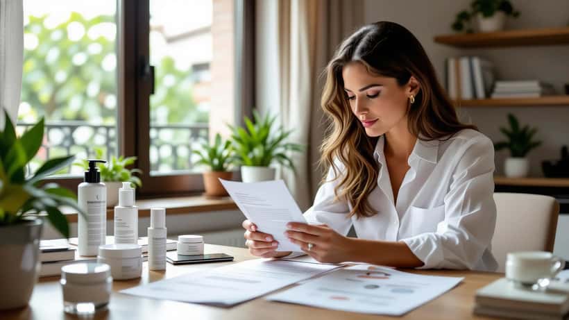 Estetista italiana alla scrivania esamina documenti AGCOM e profilo social su smartphone, creme skincare sul tavolo
