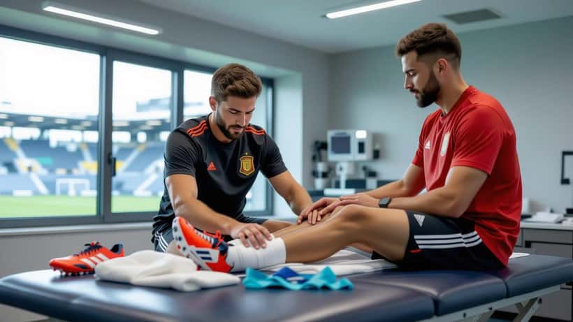 Fisioterapeuta examina o tornozelo de um jovem jogador de futebol em sala médica de estádio
