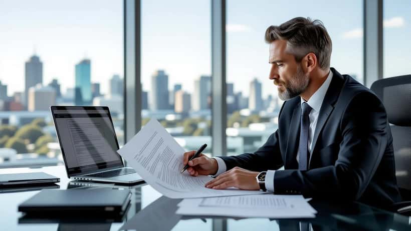 Employment lawyer reviewing fixed-term contract documents at a modern law office desk in Sydney