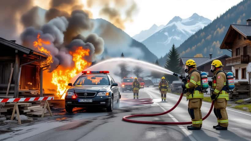 Colonne de fumée au-dessus d'une menuiserie en feu à Spiringen, pompiers en intervention