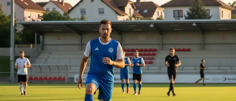 Deutscher Amateurfußballer dehnt seinen Oberschenkel auf einem Münchner Sportplatz vor dem Training
