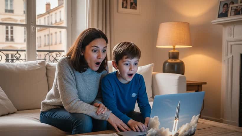 Mère et fils regardant ensemble le lancement d'Artemis II sur un écran dans leur salon lyonnais