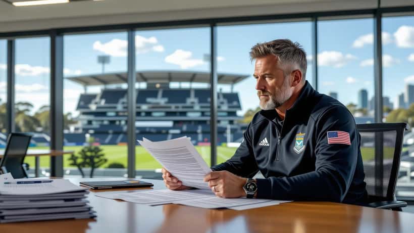 NRL coach reviewing employment contract documents in Sydney office boardroom