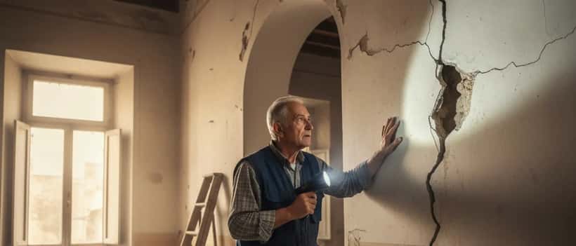 Artigiano che ispeziona crepe su un muro dopo una scossa sismica in Sicilia