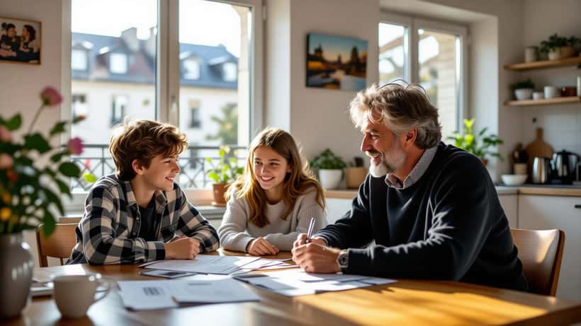 Homme assis avec deux adolescents à une table de cuisine parisienne, documents juridiques d'autorité parentale visibles
