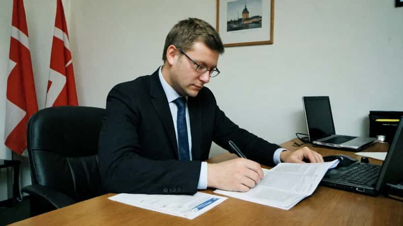 Dansk erhvervsadvokat gennemgår EU-sanktionsdokumenter mod Rusland på et konferencebord i København