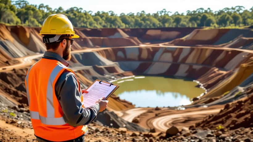 Environmental inspector in hi-vis reviewing rehabilitation documents at an Australian open-cut mine site