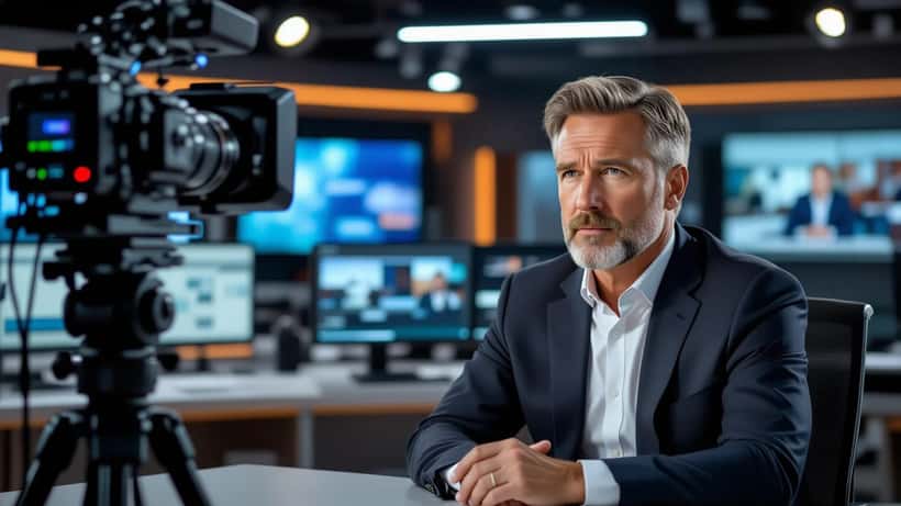 TV-uutisankkuri studiossa käsi kurkulla äänihäiriön merkkinä