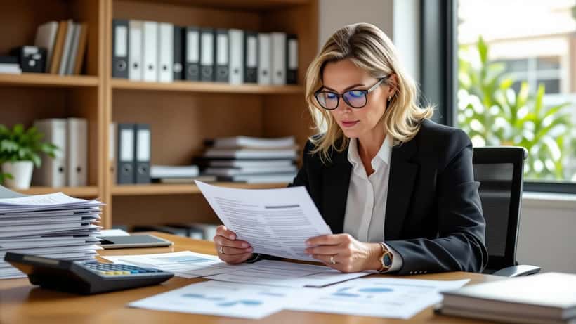 Australian accountant reviewing discretionary trust documents and tax calculations in a Melbourne office