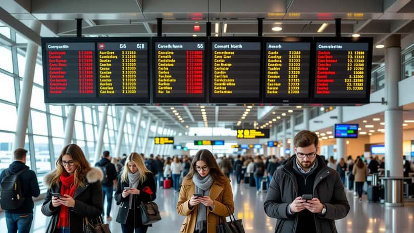 Busy airport departure board showing delayed and canceled flights in 2026