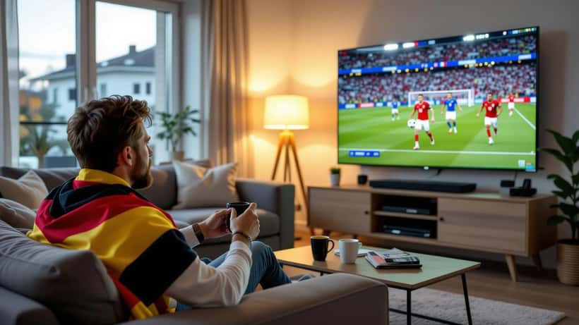 Mann in Berliner Wohnzimmer schaut Frankreich gegen Schweden WM 2026 auf Smart-TV via MagentaTV Streaming