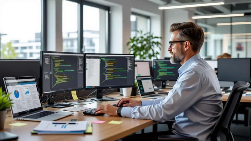 IT-Berater überprüft EU AI Act Compliance-Dokumentation am Arbeitsplatz in Deutschland