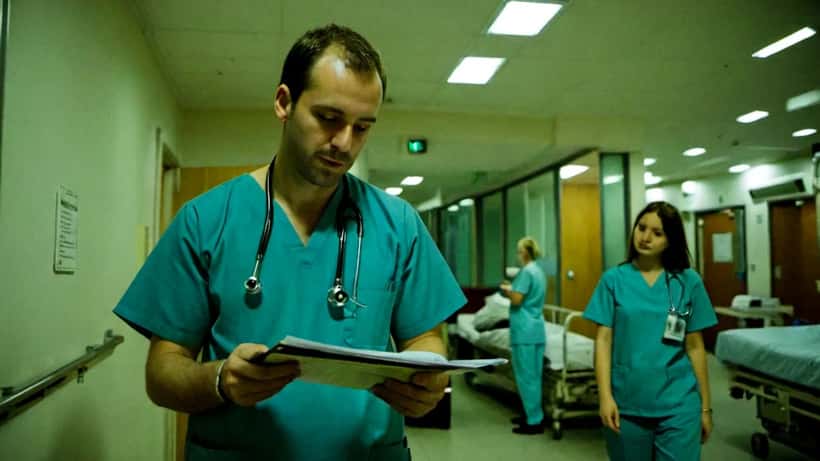 NHS emergency department doctor reviewing charts at night under hospital lighting