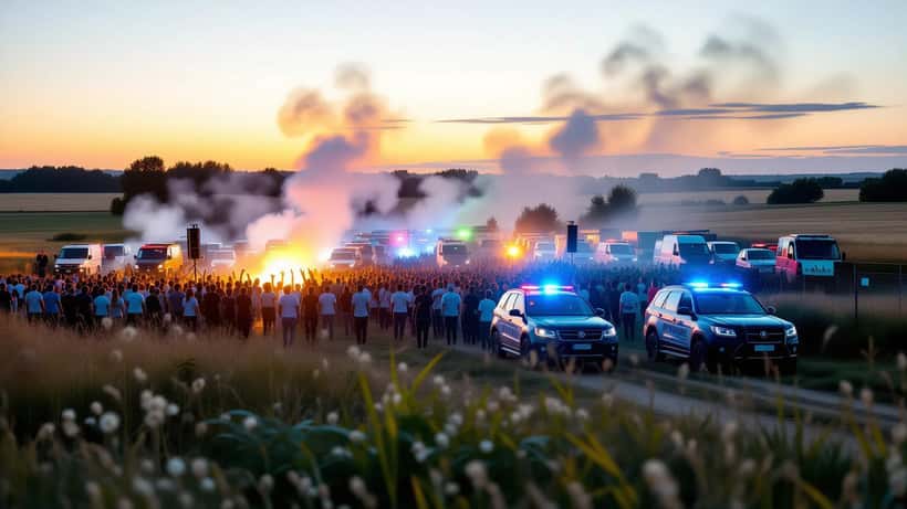 Rassemblement illégal de nuit dans un champ avec véhicules de gendarmerie et lumières stroboscopiques