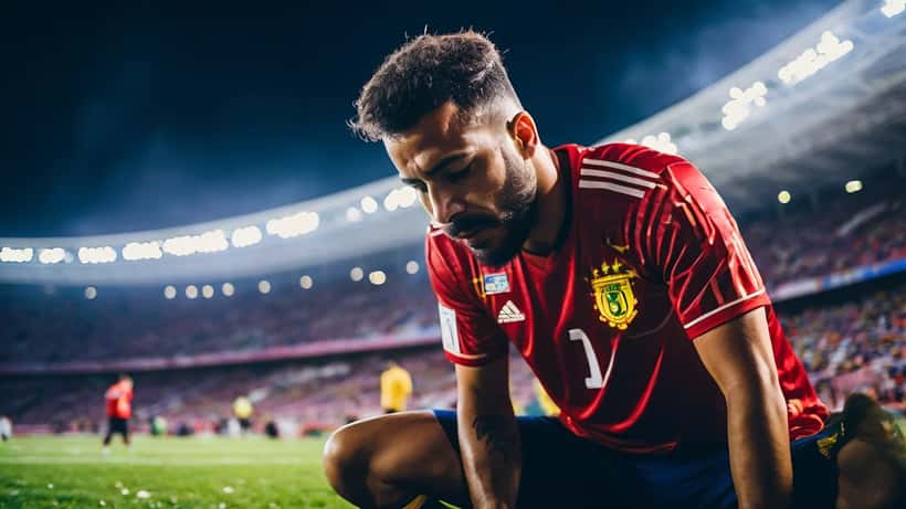 Jogador de futebol ajoelhado com dor muscular durante partida da Copa do Brasil