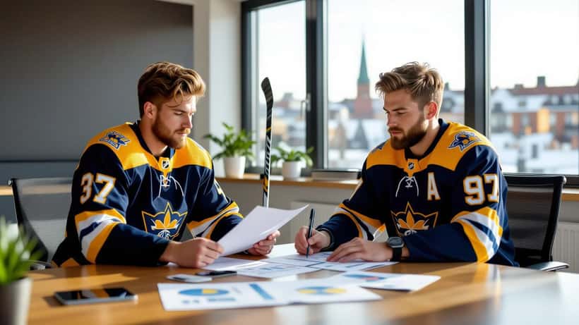 Ung svensk ishockeyspelare granskar ekonomiska dokument med finansiell rådgivare