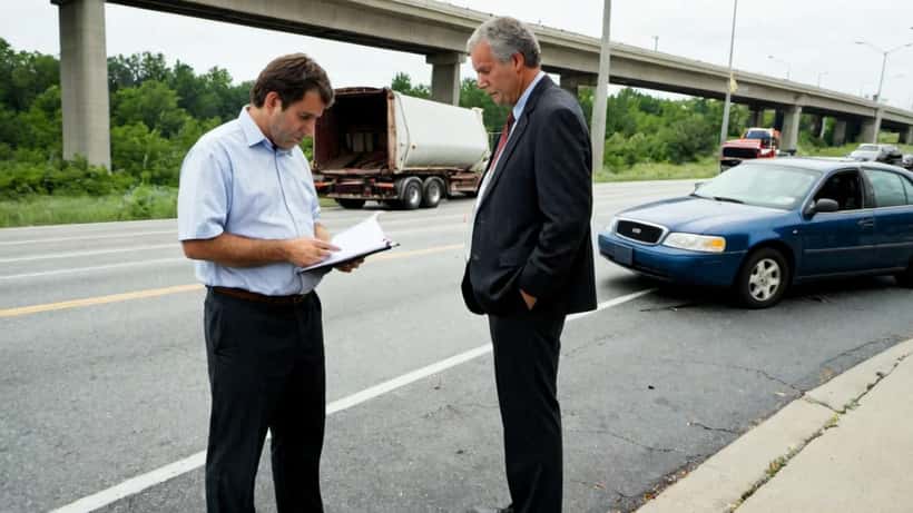Personal injury attorney reviewing case near overturned semi-truck on US highway