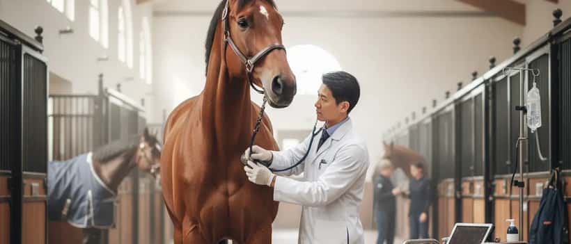 Vétérinaire examinant un cheval de sport dans un box d'écurie avec un stéthoscope