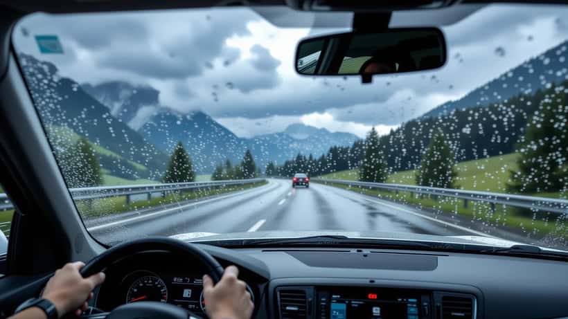 Auto auf nasser Straße bei Starkregen und Gewitter in der Steiermark – Aquaplaning-Gefahr