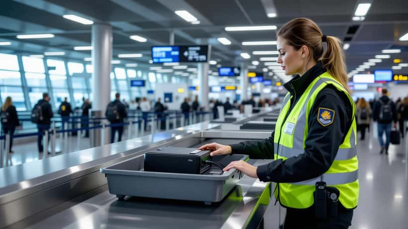 Rejsende med power bank ved sikkerhedskontrol i dansk lufthavn 2026