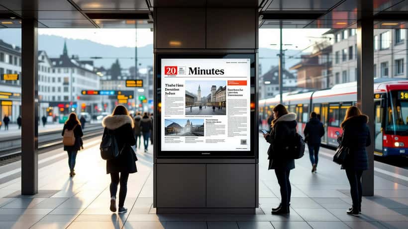 Kiosque suisse affichant la une digitale du journal 20 minutes en 2026