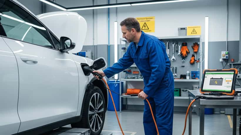 Kfz-Meister verbindet Ladekabel mit Elektroauto in moderner Werkstatt