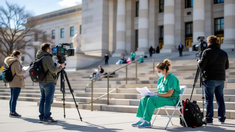 Federal courthouse in Washington DC with healthcare worker reading legal documents