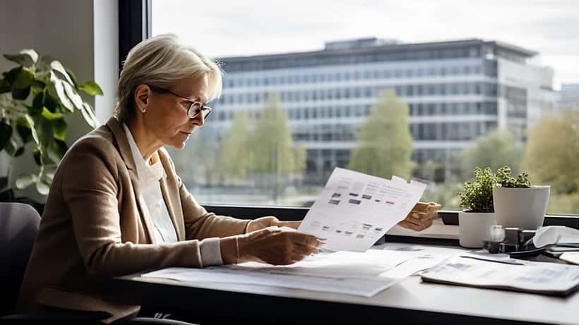 Varainhoidon asiantuntija ja asiakas käyvät läpi eläkesuunnitelmaa toimistossa