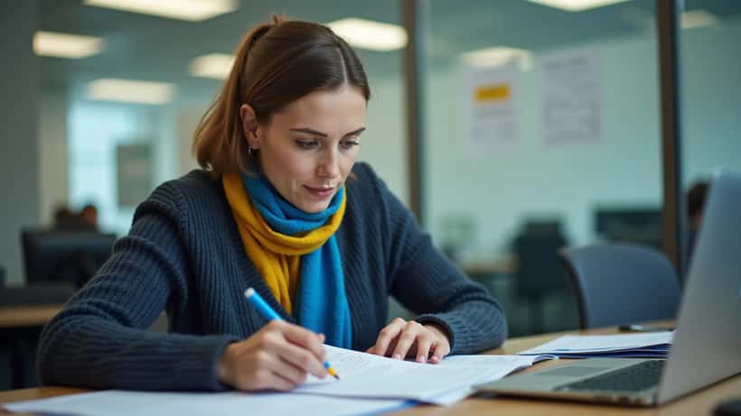 Ukrainalainen nainen täyttää viranomaislomakkeita suomalaisessa virastossa