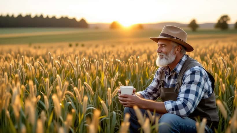 Homme contemplatif assis dans un jardin de ferme française, téléphone retourné sur la table, vue sur les champs dorés de Bourgogne en septembre