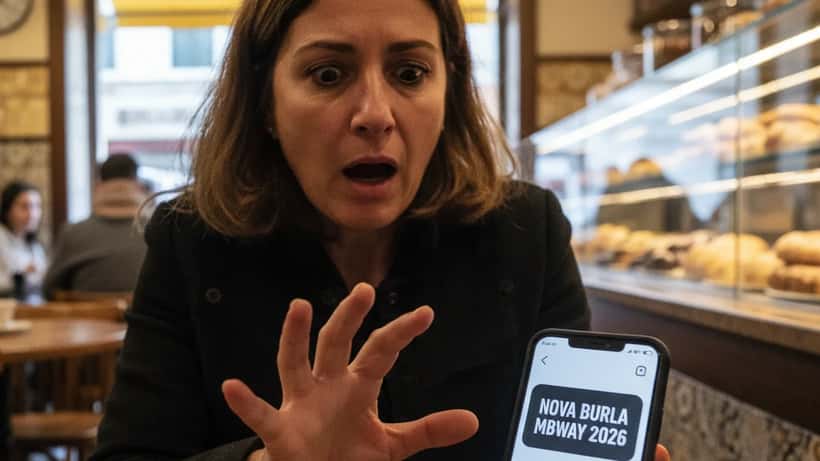 Mulher portuguesa a olhar alarmada para o telemóvel com notificação MBWay inesperada
