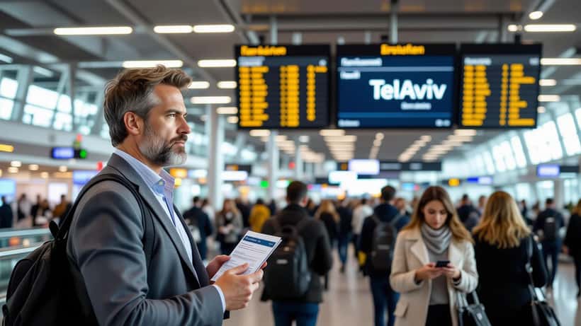 Frustrierter Passagier am Frankfurter Flughafen vor Anzeigetafel mit gestrichenem Tel Aviv-Flug