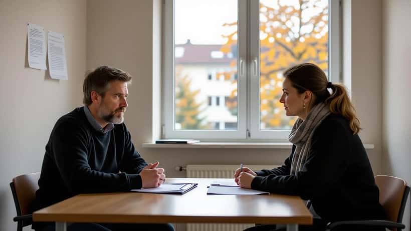 En orolig man talar med psykiatripersonal i ett konsultationsrum i Sverige