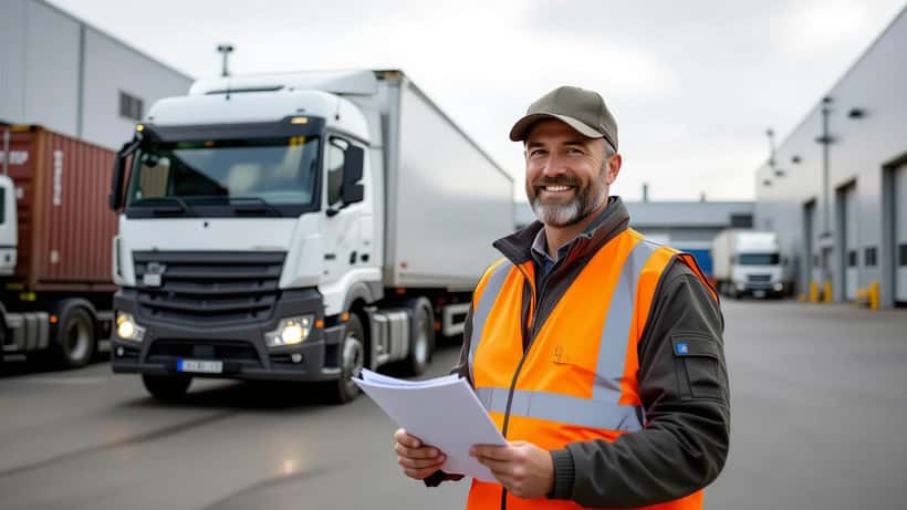 Gestionnaire de flotte en gilet orange examinant des documents de conformité Loi LOM devant un camion électrique poids lourd, parc logistique de Lyon