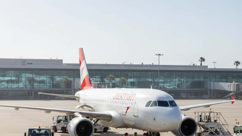 Airbus A320 von Austrian Airlines auf dem Rollfeld des Flughafens Gran Canaria, umgeben von Wartungspersonal nach dem Startabbruch