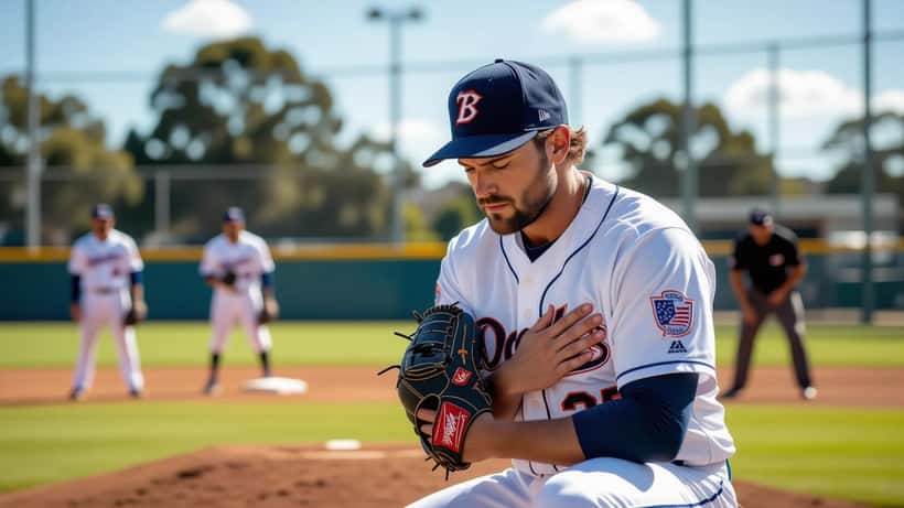 Recreational baseball pitcher clutching inner elbow in pain at an amateur diamond in suburban Melbourne