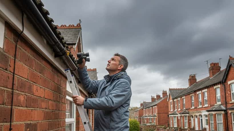 British homeowner inspecting roof tiles before an approaching storm
