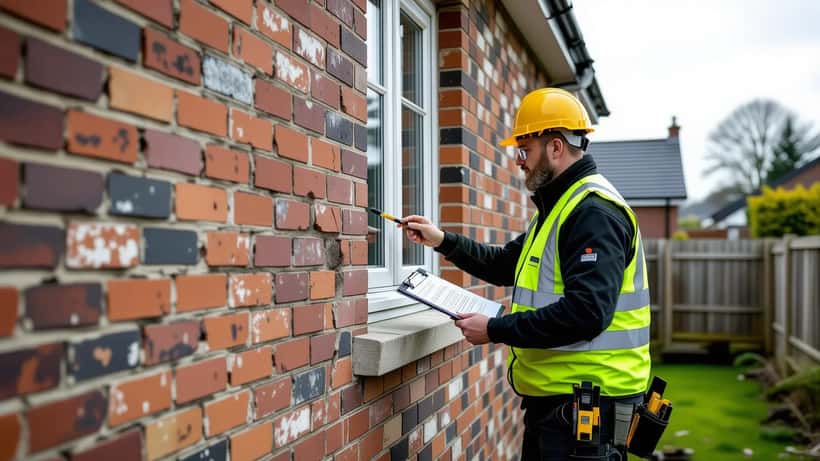 Structural engineer examining diagonal brick masonry crack on British home after military aircraft incident
